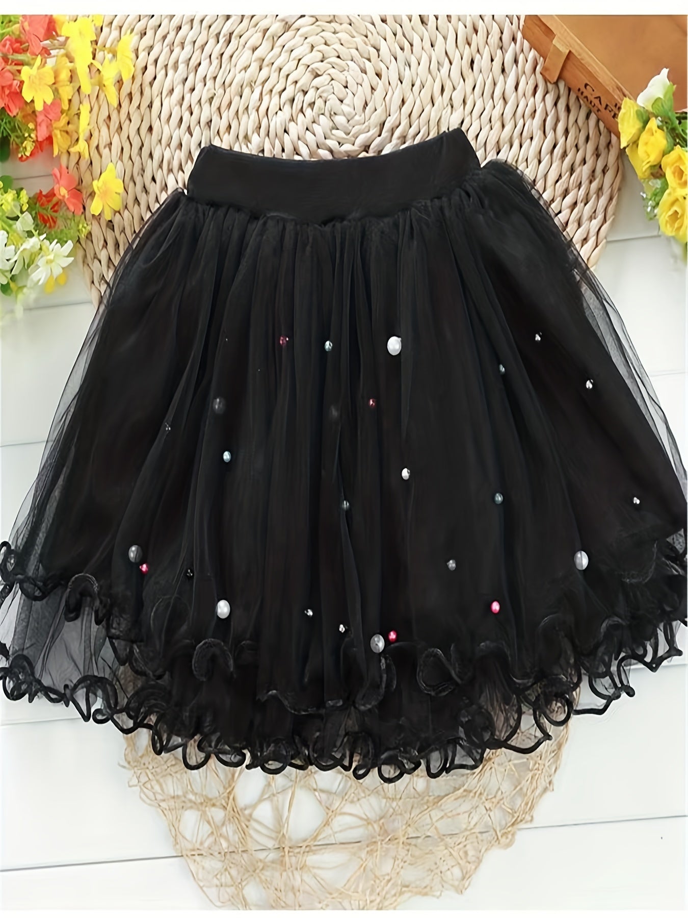 Princess Tutu Skirt with Pearls and Flower Fringes for Party
