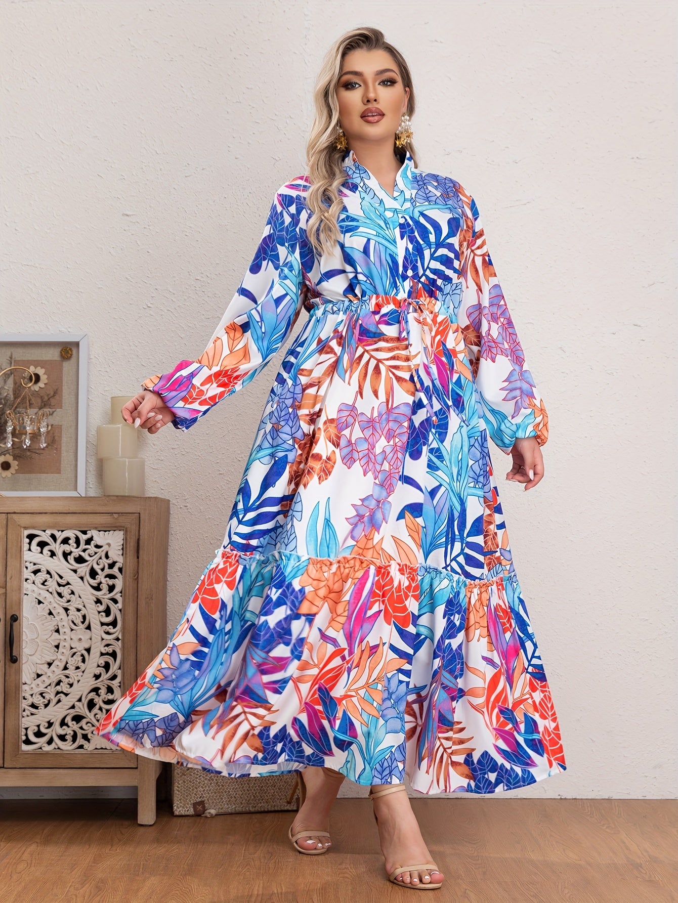 Floral Print Long Sleeve V Neck Maxi Smock Dress