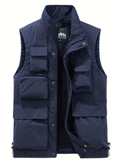 Men's Cargo Vest Zipper Pockets Stand Collar Outwear