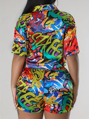 Women's Casual Letter Graffiti 2pc Set Crop Shirt & Shorts