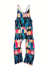 Geo Print Overall Jumpsuit Casual Sleeveless Pockets Wide Leg Jumpsuit