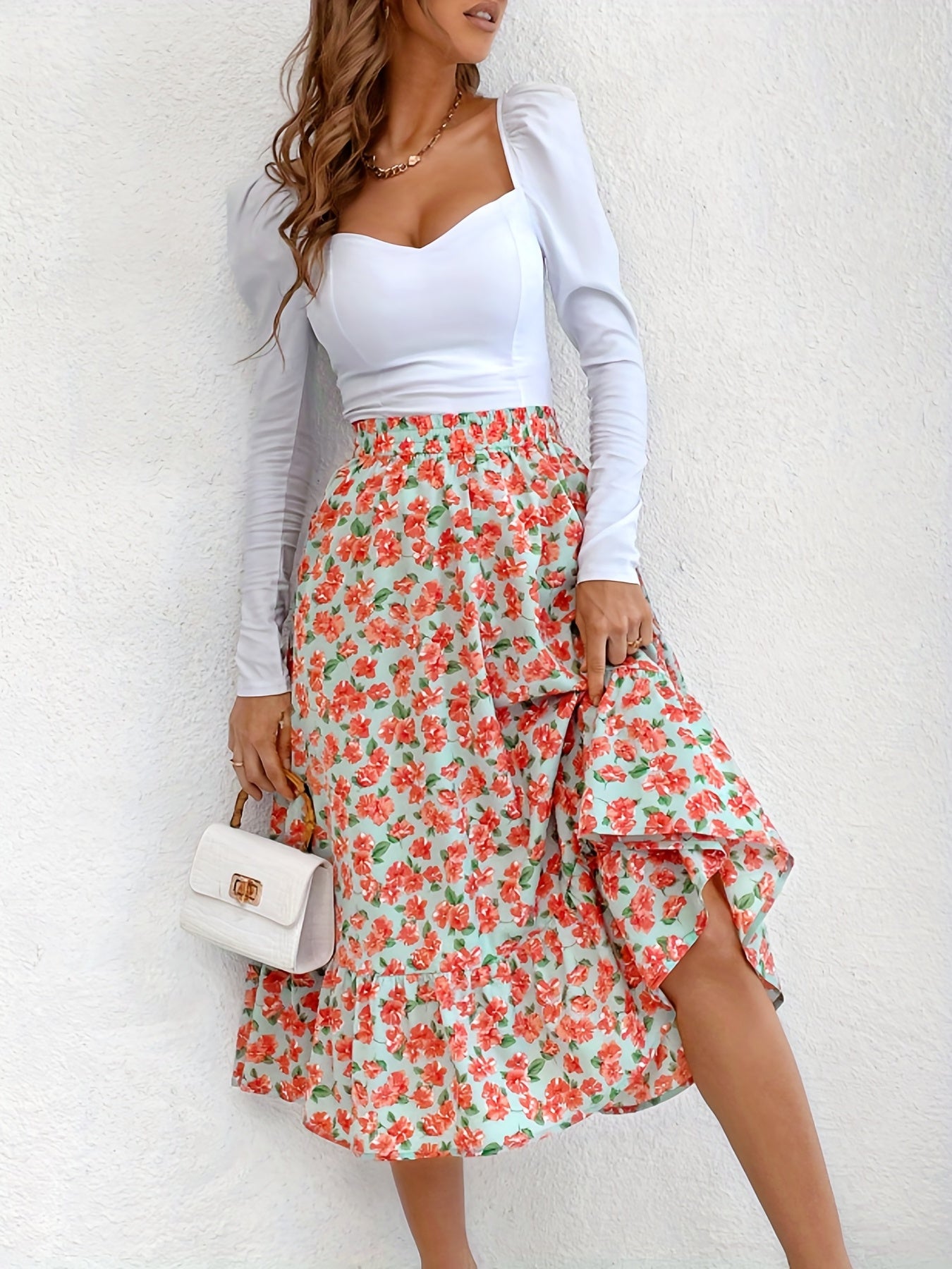 Floral Print Elastic Waist Skirt Casual Skirt For Spring & Summer