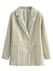 Plaid Print Lapel Blazer Double Breasted Outerwear