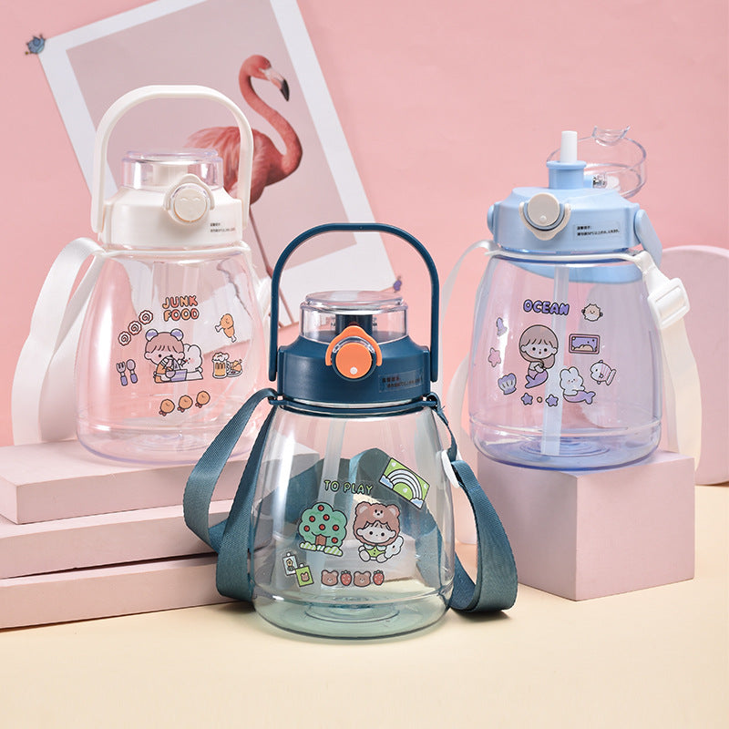 Cartoon Water Bottle Plastic Water Cup With Straw for Outdoor Sports