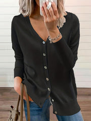 Solid V Neck Button Cardigan Long Sleeve Casual Cardigan