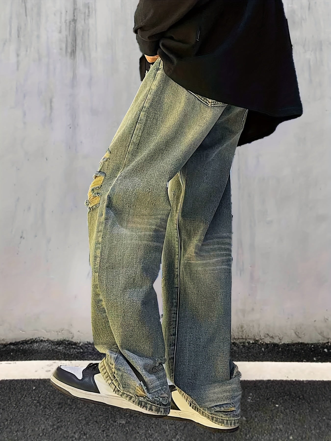 Men's Loose Fit Ripped Jeans, Street Style Distressed Denim Pants