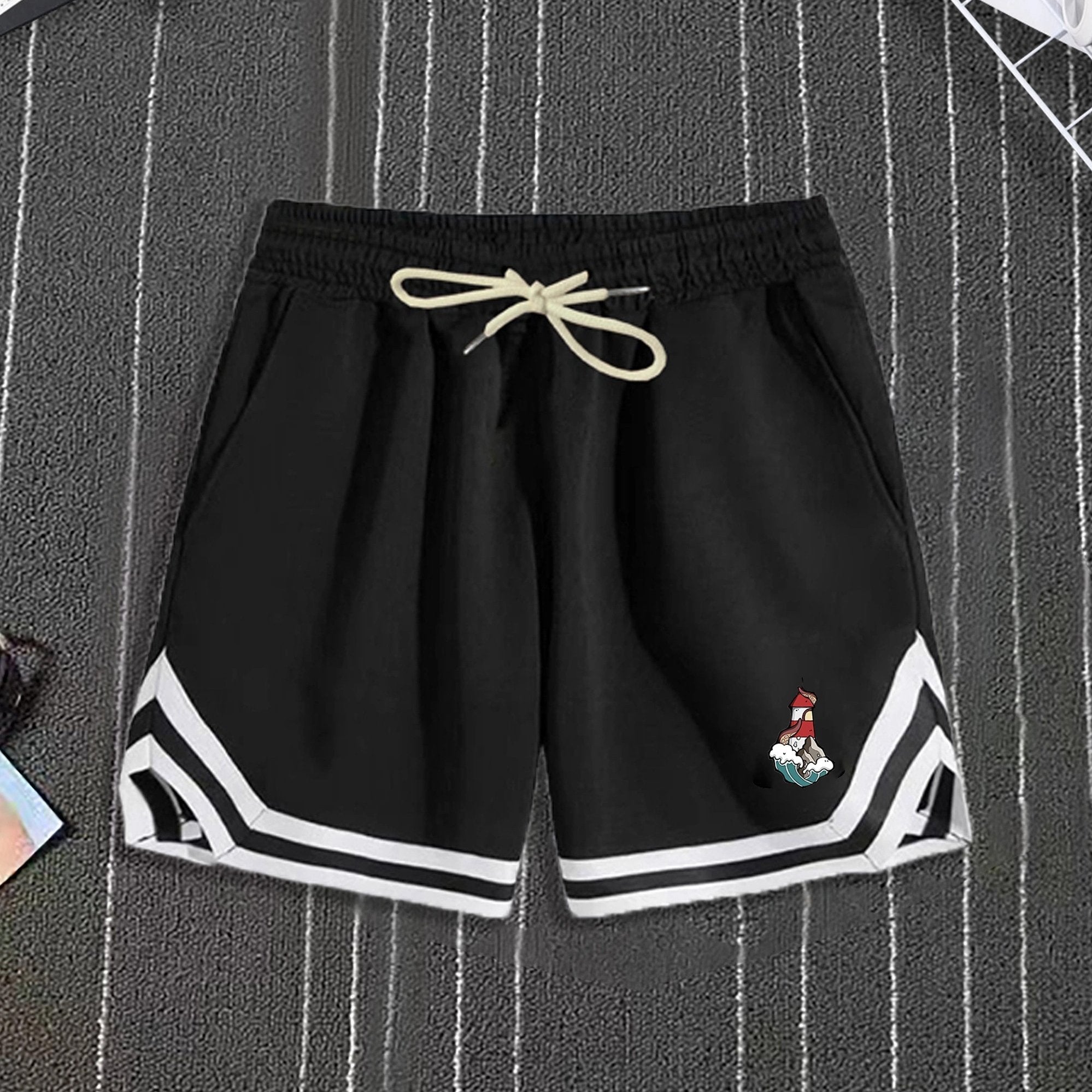 Cartoon Lighthouse Pattern Active Shorts With Pockets Men's Casual Stretch Waist