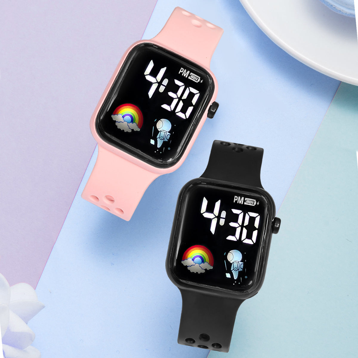 2pcs Girls Rainbow Spaceman LED Electronic Watch