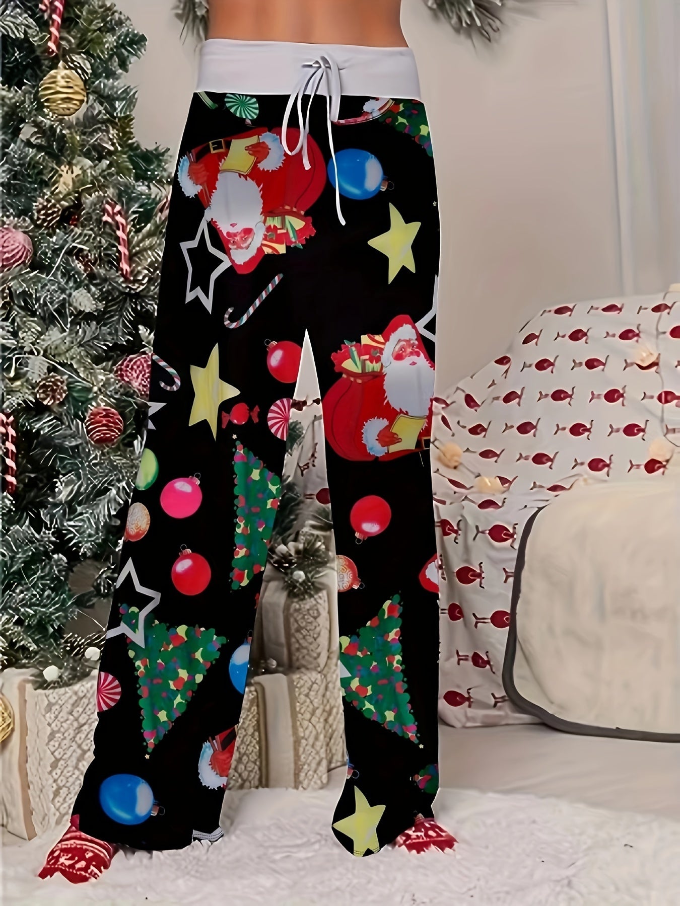 Women's Plus Christmas Tree & Santa Claus Print High Rise Wide Leg Pants