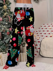Women's Plus Christmas Tree & Santa Claus Print High Rise Wide Leg Pants