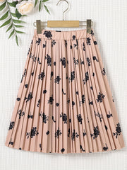 Floral Pleated Skirt Elastic Waist Midi Skirts