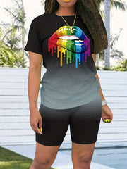 Lips Print 2pcs Set Short Sleeve T Shirt & Biker Shorts