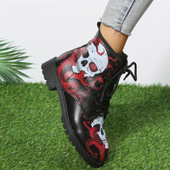 Women's Skull Print Combat Boots Lace Up Chunky Heel Boots