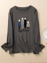 Family Portrait Print Long Sleeve Round Neck Plus Size Loungewear Top