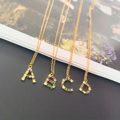 Golden Latter Pattern Pendant Necklace with Full Crystal, Versatile Necklace