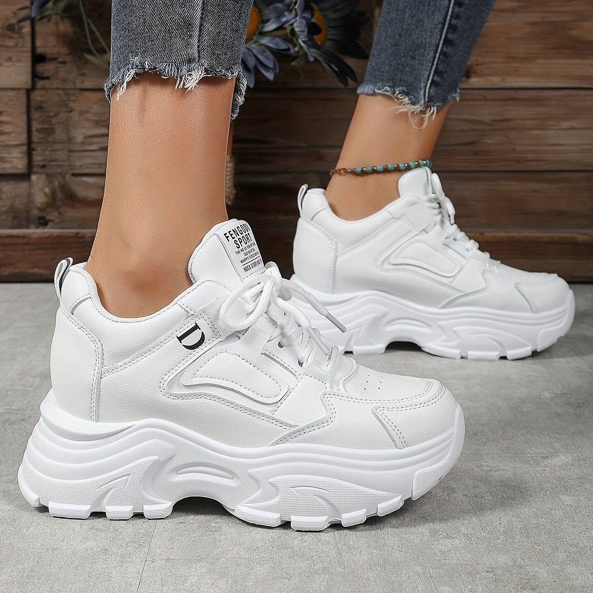 Women's Lace Up Chunky Sneakers Hidden Heel Casual Walking Shoes