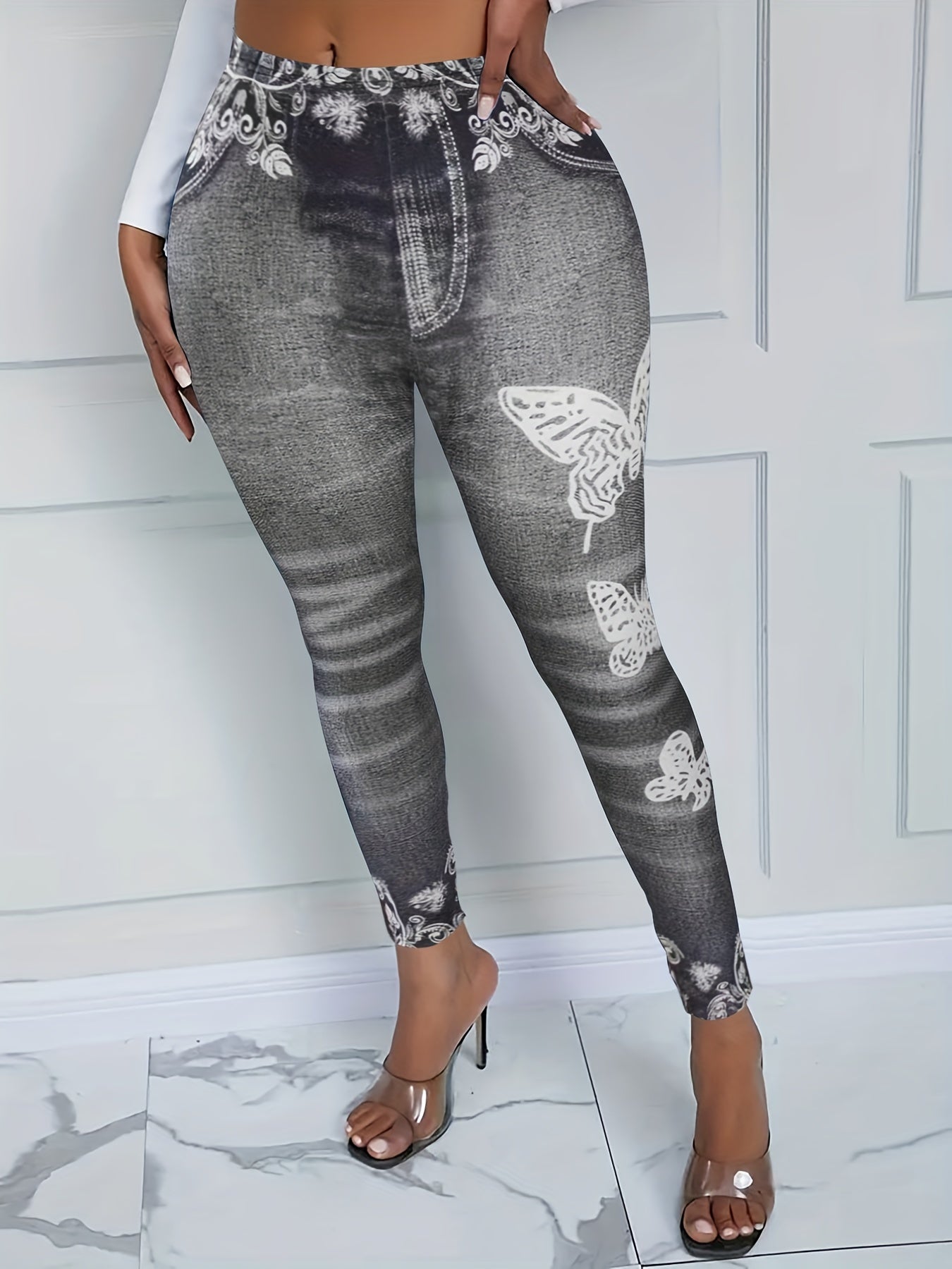 Denim & Floral Print Stretchy Leggings