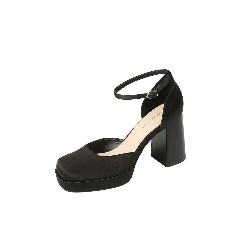 Women's Square Toe Block Heel Pumps with Buckle Strap