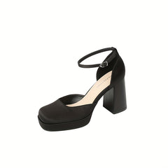 Women's Square Toe Block Heel Pumps with Buckle Strap