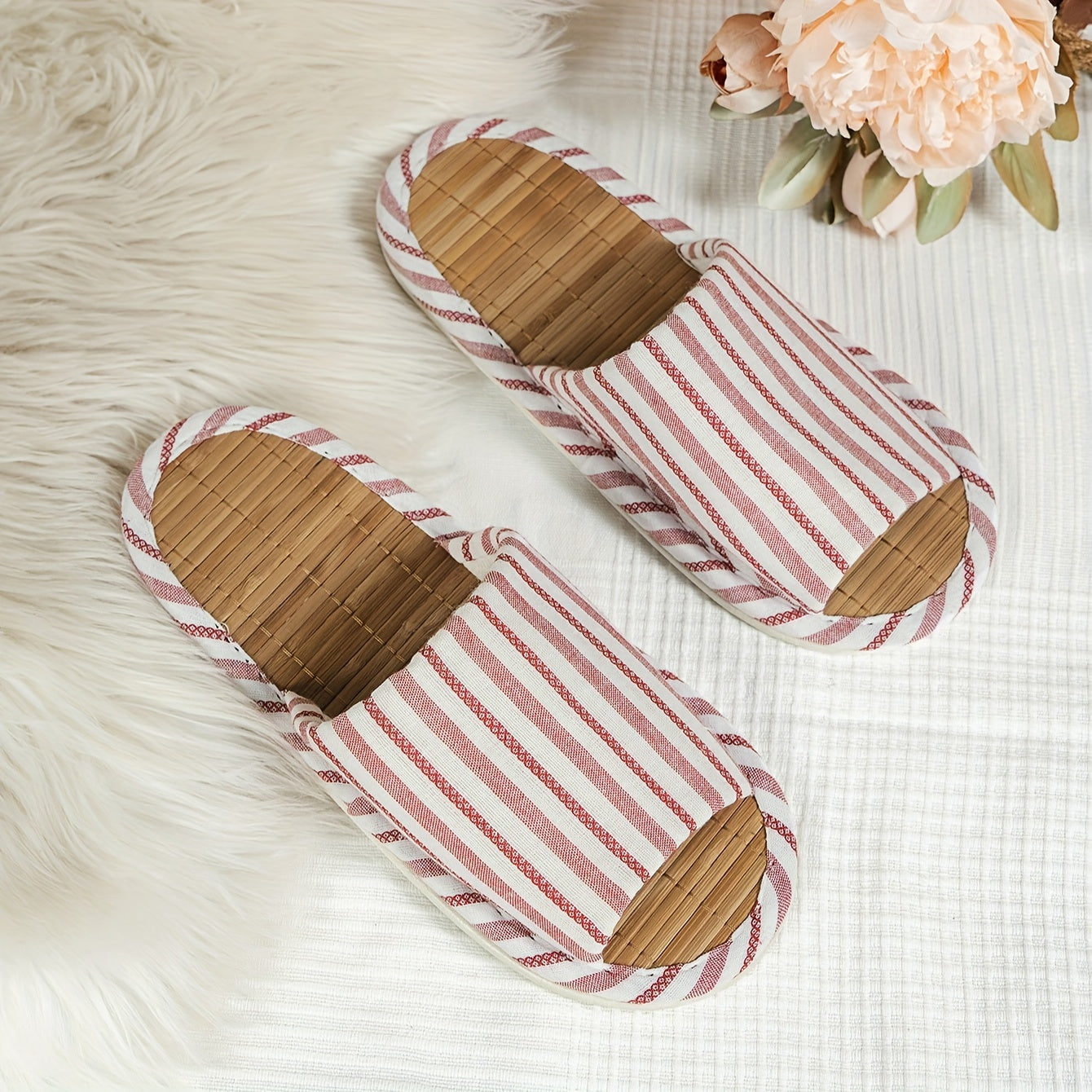 Striped Bamboo Insole Slippers Comfortable Open Toe Slip-On Shoes