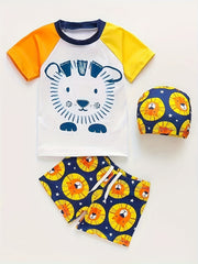 2pcs Boy's Lion Pattern Swimsuit Set Stretchy Bathing Suit