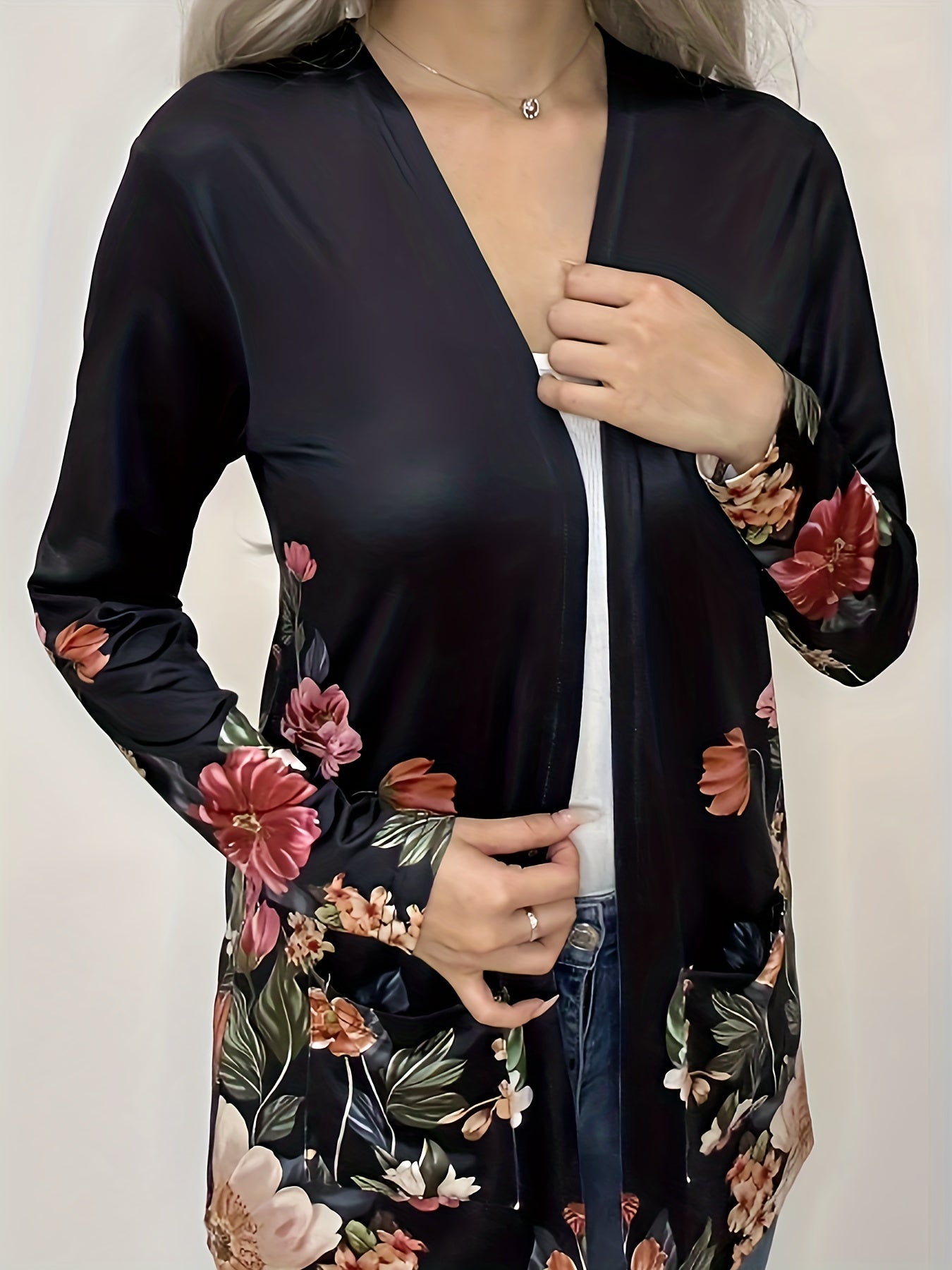 Floral Print Long Sleeve Open Front Cardigan