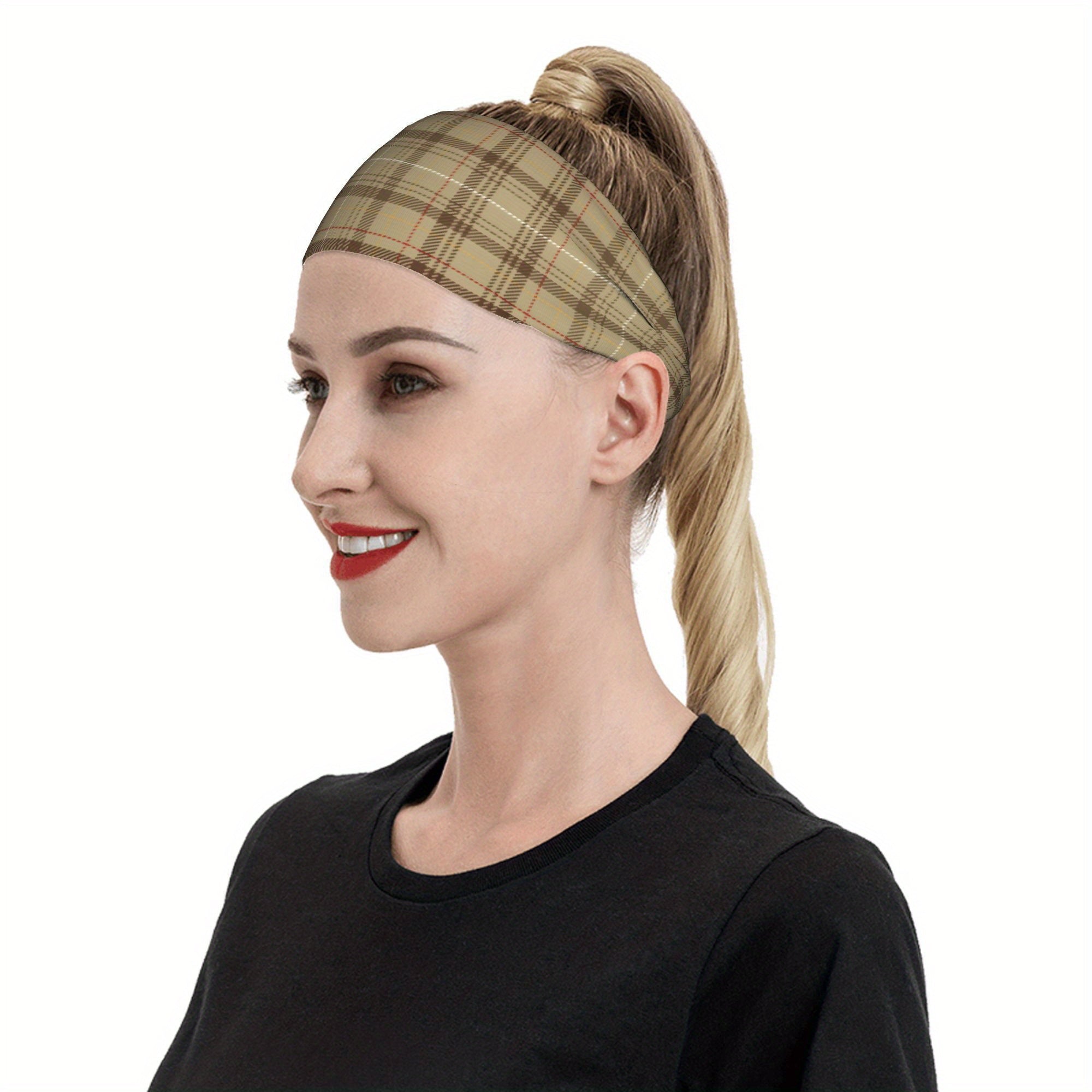 Vintage Plaid Headband Beige Red Pattern Polyester Blend Sports Headwear