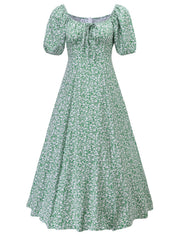 Floral Print Split Neck Puff Sleeve Dress