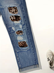 Leopard Print Patchwork Straight Jeans Ripped Holes Non Stretch Denim Pants