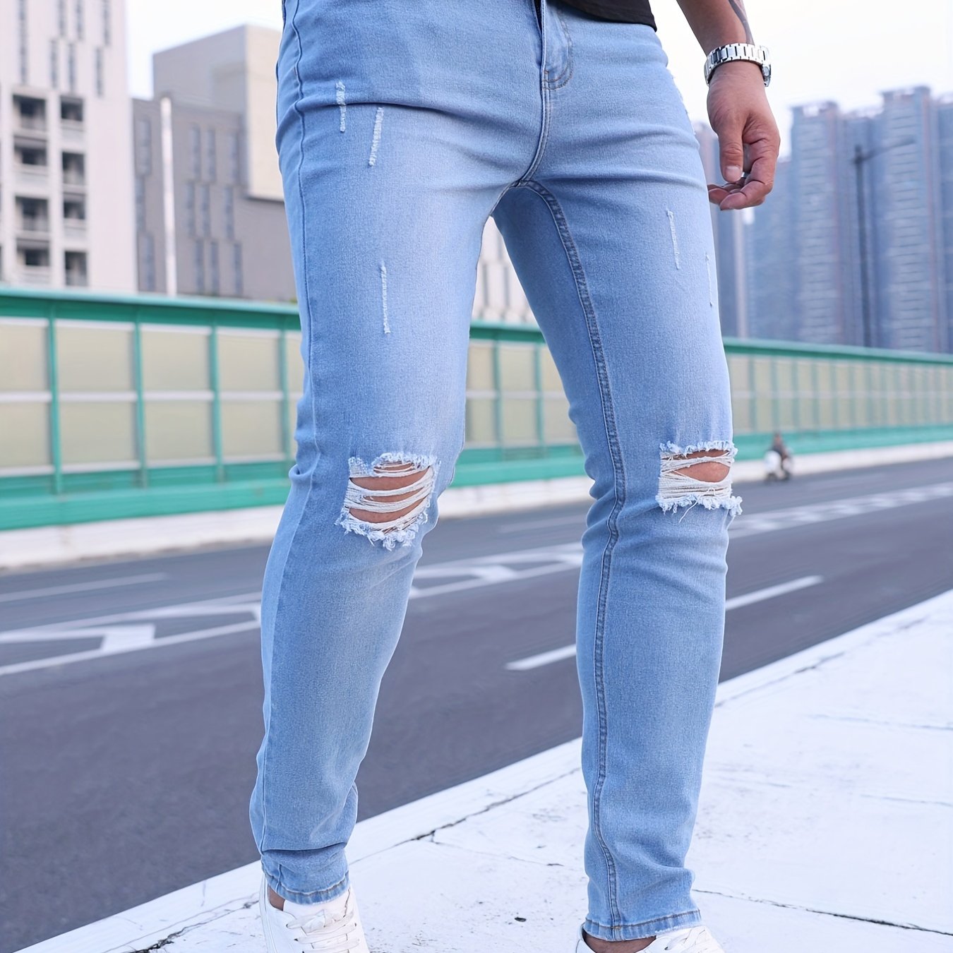 Ripped Slim Fit Jeans Men s Casual Street Style Denim Pants