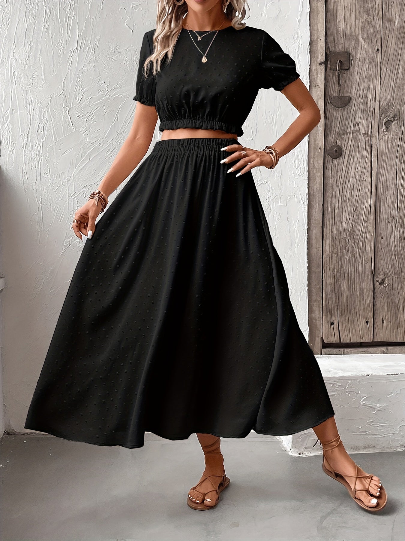 Casual Two Piece Set Short Sleeve Cropped Tops & Maxi Skirts Outfits
