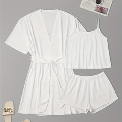 Textured Pajama Set Solid Cami Top & Shorts & Nightgown Lounge