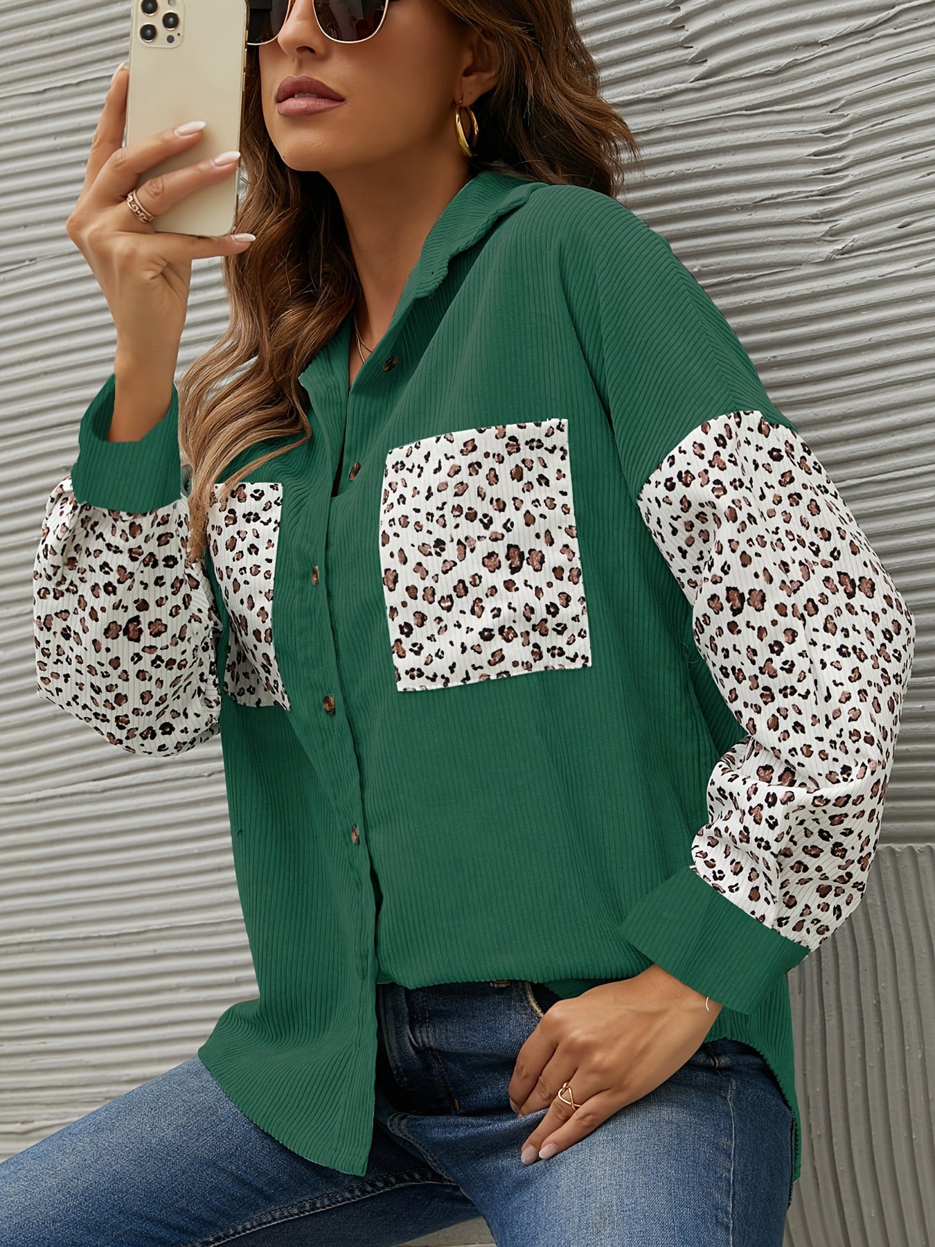 Leopard Print Button Down Coat Lapel Long Sleeve Outerwear