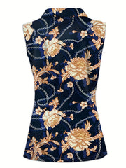 Baroque Print Half Zip Top Shirt Collar Sleeveless Casual Top