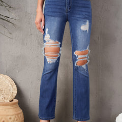 Distressed Bell Bottom Jeans Slash Pocket Wash Bootcut Denim Pants