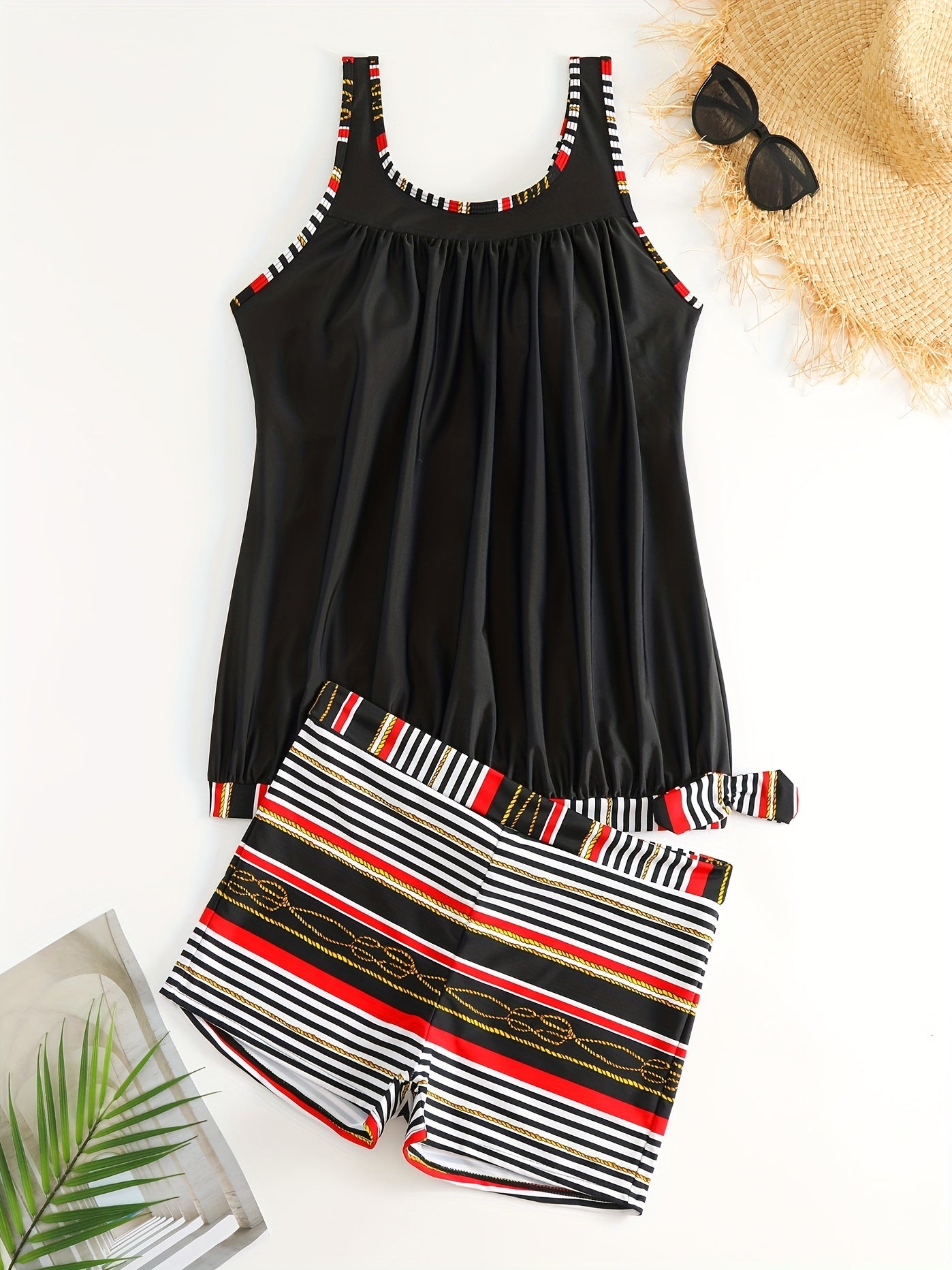 Modest Tankini Set Women's Plus Stripe Print Ruched Tank Top & Shorts