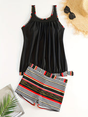 Modest Tankini Set Women's Plus Stripe Print Ruched Tank Top & Shorts