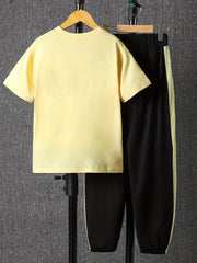 Cartoon Crown KING Print Boy's 2pcs T shirt & Drawstring Sweatpants Set