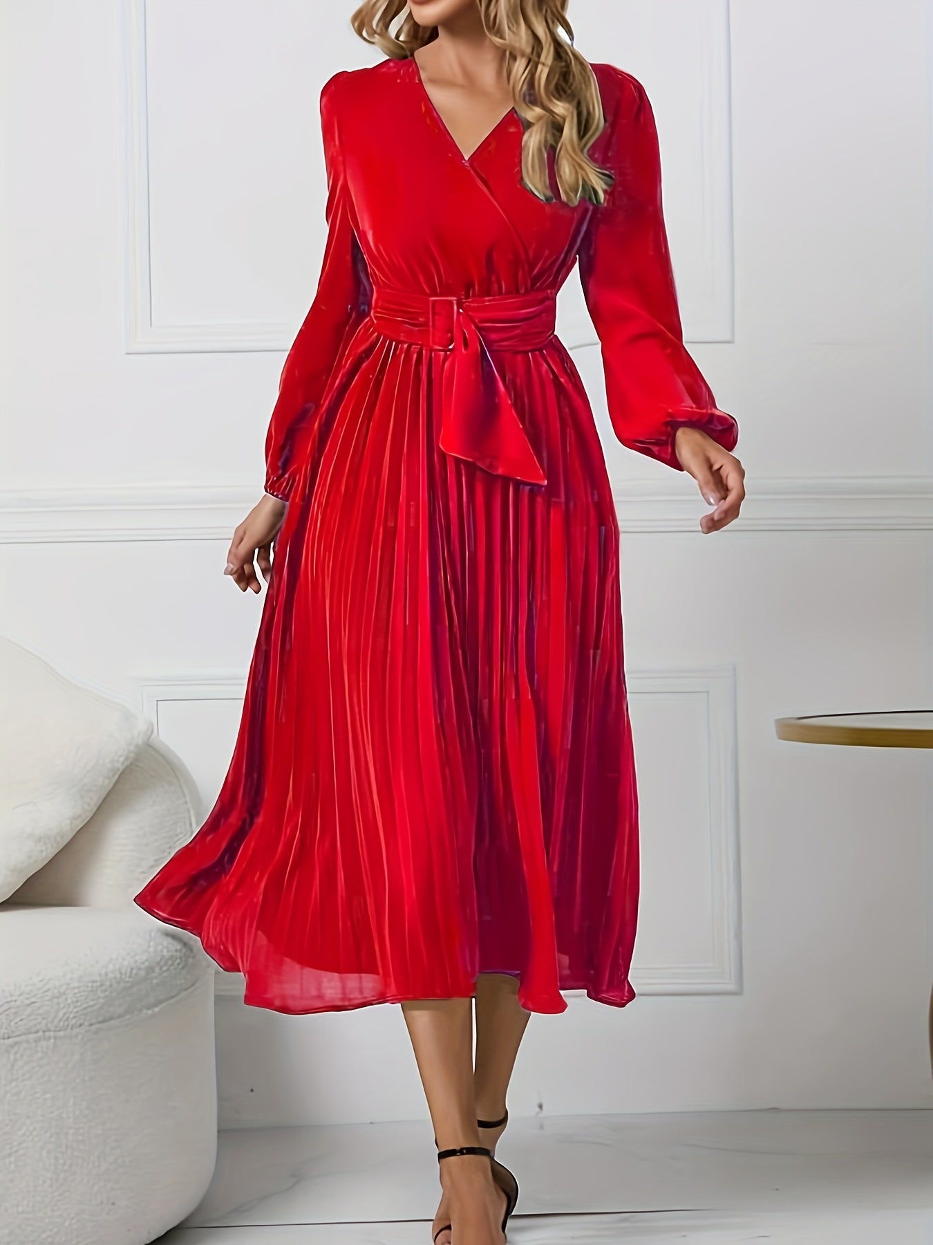 Lantern Sleeve Evening Formal Dress With Belt
