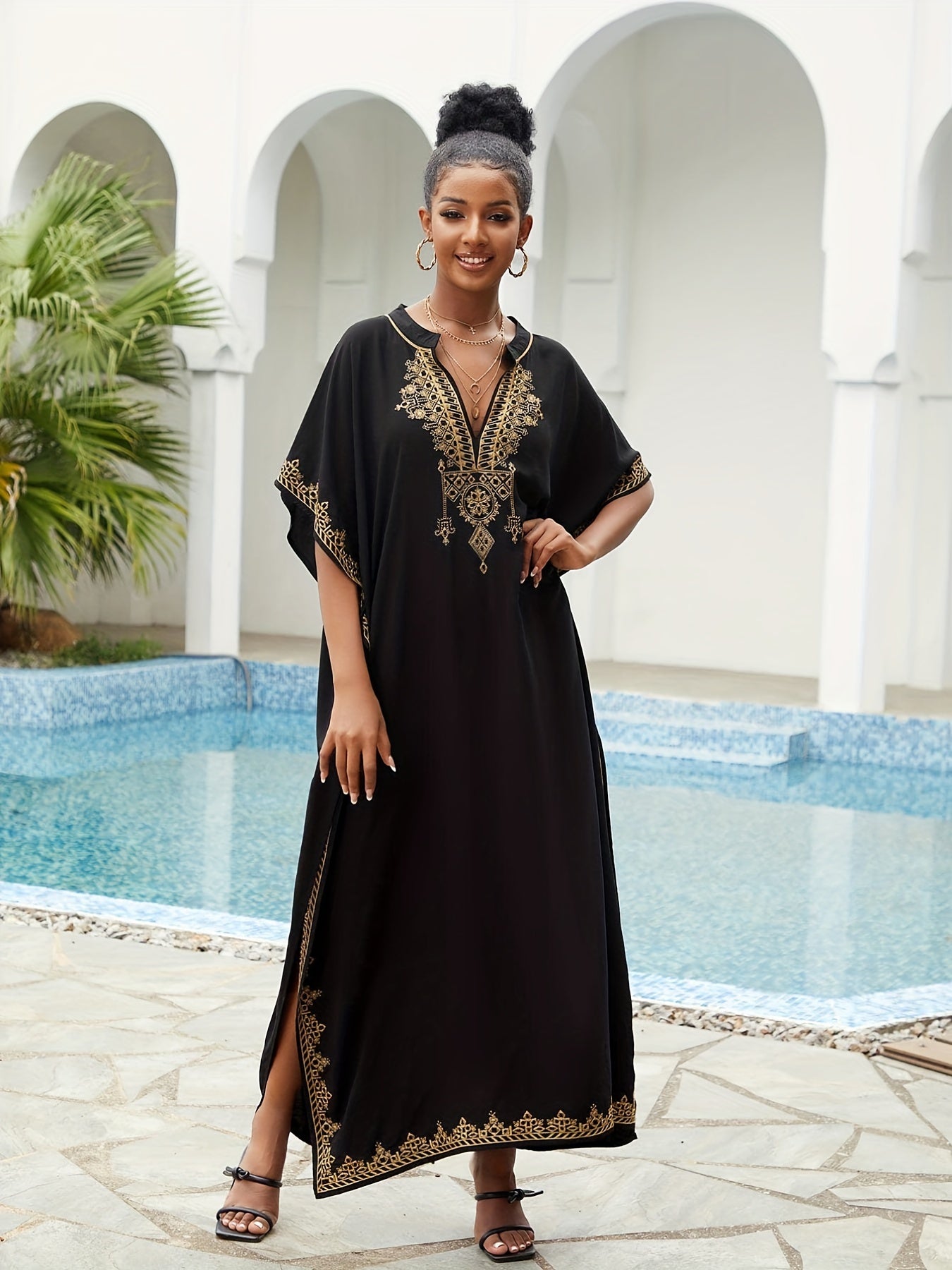Boho Kaftan Dress Women's Plus Golden Embroidered Bat Sleeve