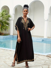 Boho Kaftan Dress Women's Plus Golden Embroidered Bat Sleeve