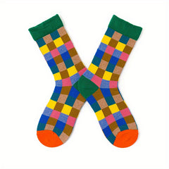 Colorblock Plaid Socks Comfy & Funny Mid Tube Socks Women's Stockings