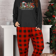Women's Plus Christmas Lounge Set: Long Sleeve Tee & Plaid Pants Pajamas