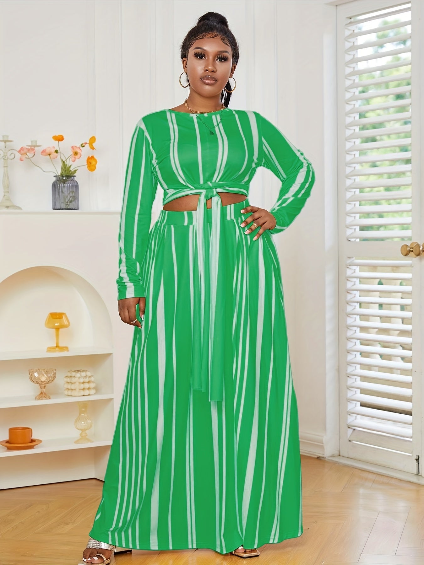 Striped Knot Front Crop Top & Maxi Skirt Set