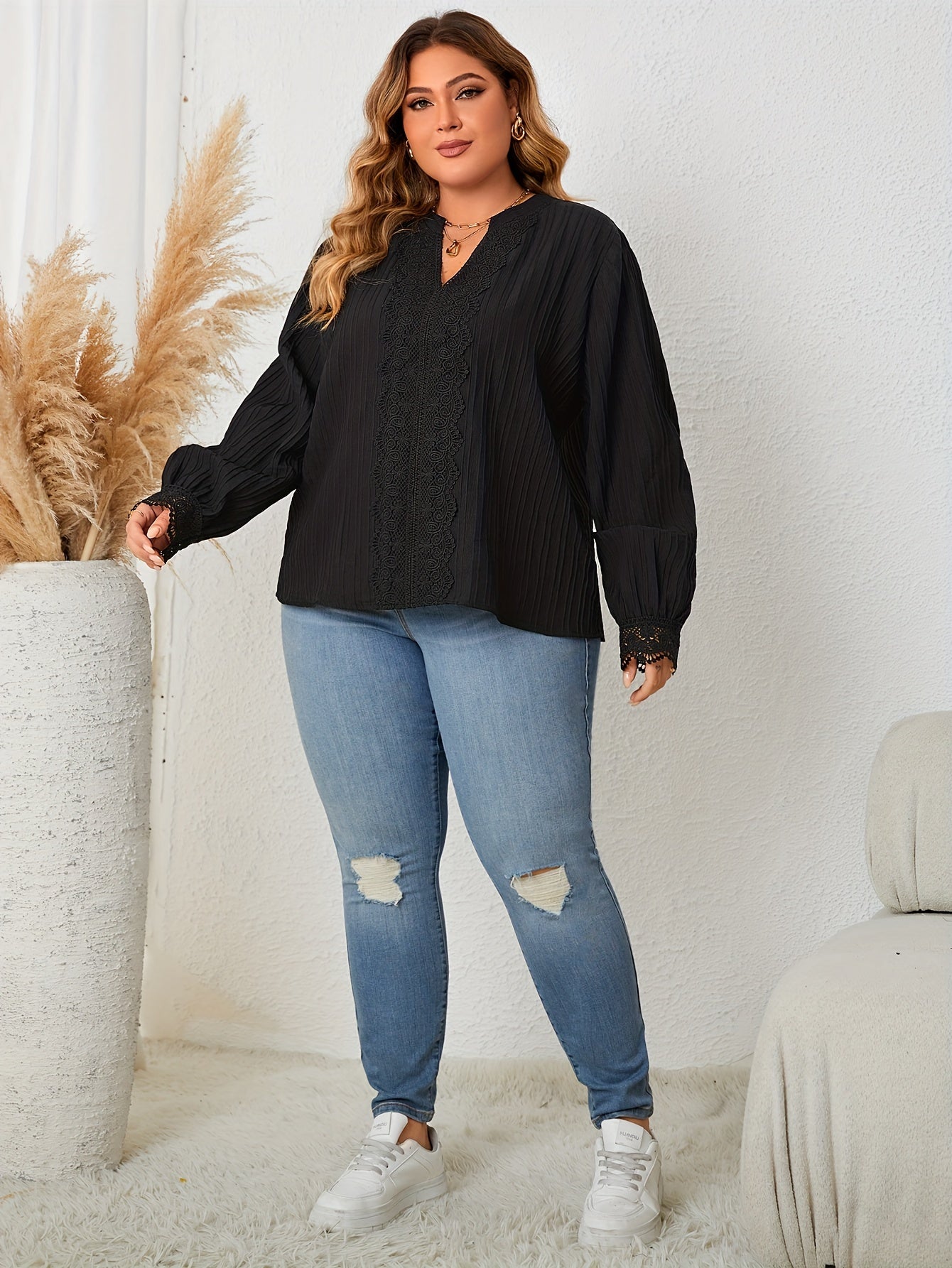 Ribbed Lace Trim Lantern Sleeve V Neck Top
