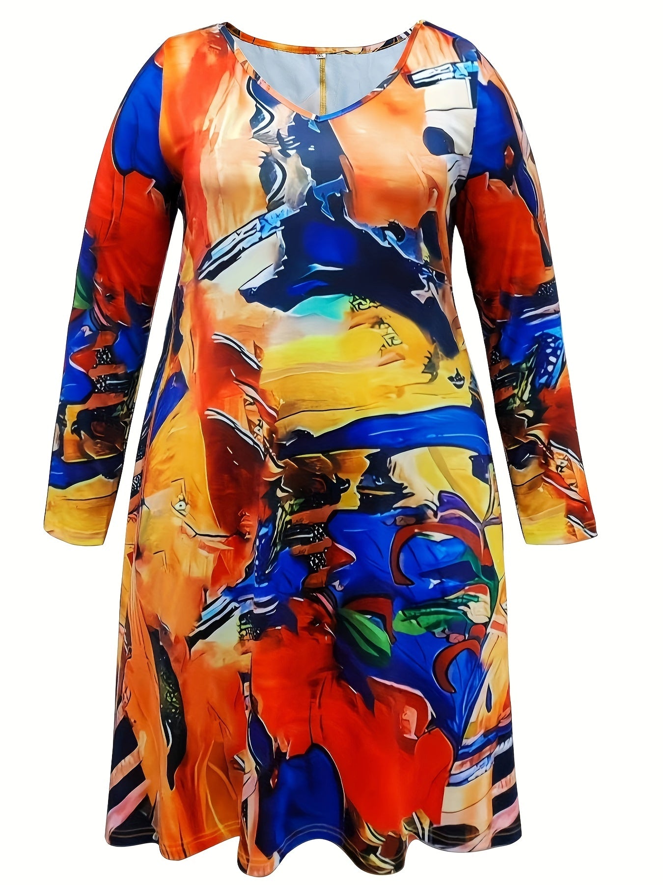 Retro Dress Women's Plus Random Print Long Sleeve V Neck