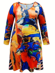 Retro Dress Women's Plus Random Print Long Sleeve V Neck
