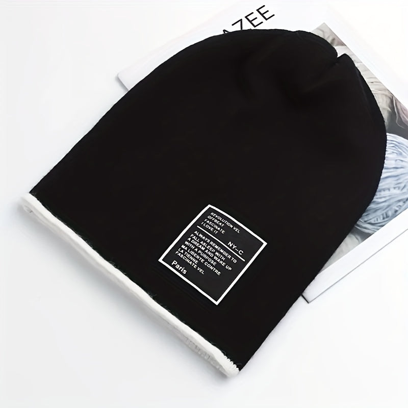 Stylish Label Patch Beanie Warm Skull Cap Elastic Block Knit Hat Soft