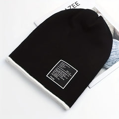 Stylish Label Patch Beanie Warm Skull Cap Elastic Block Knit Hat Soft