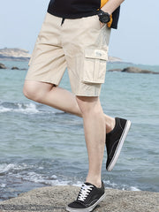 Men's Cotton Cargo Shorts Casual Solid Knee Length Elastic Waist